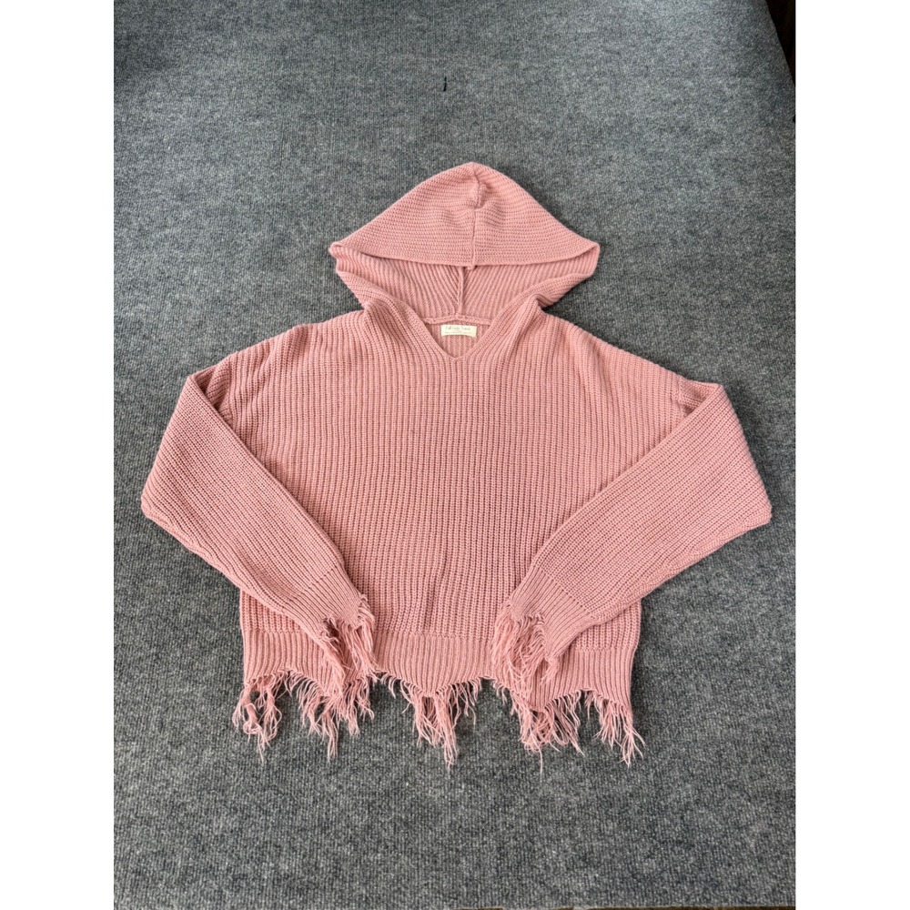 Full Circle Trends Pink Distressed Frayed Hem Knit Hoodie Sweater M